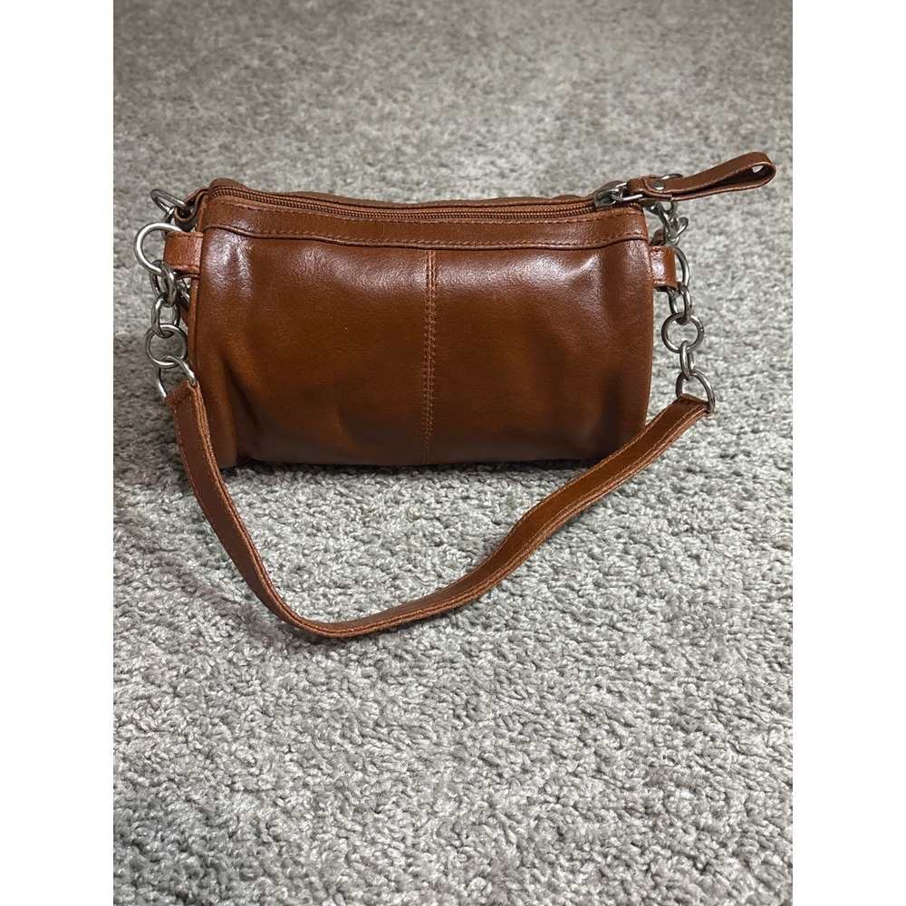 Vintage Brown Faux Leather Barrel Bag Silver Chain Link Shoulder Purse Cognac